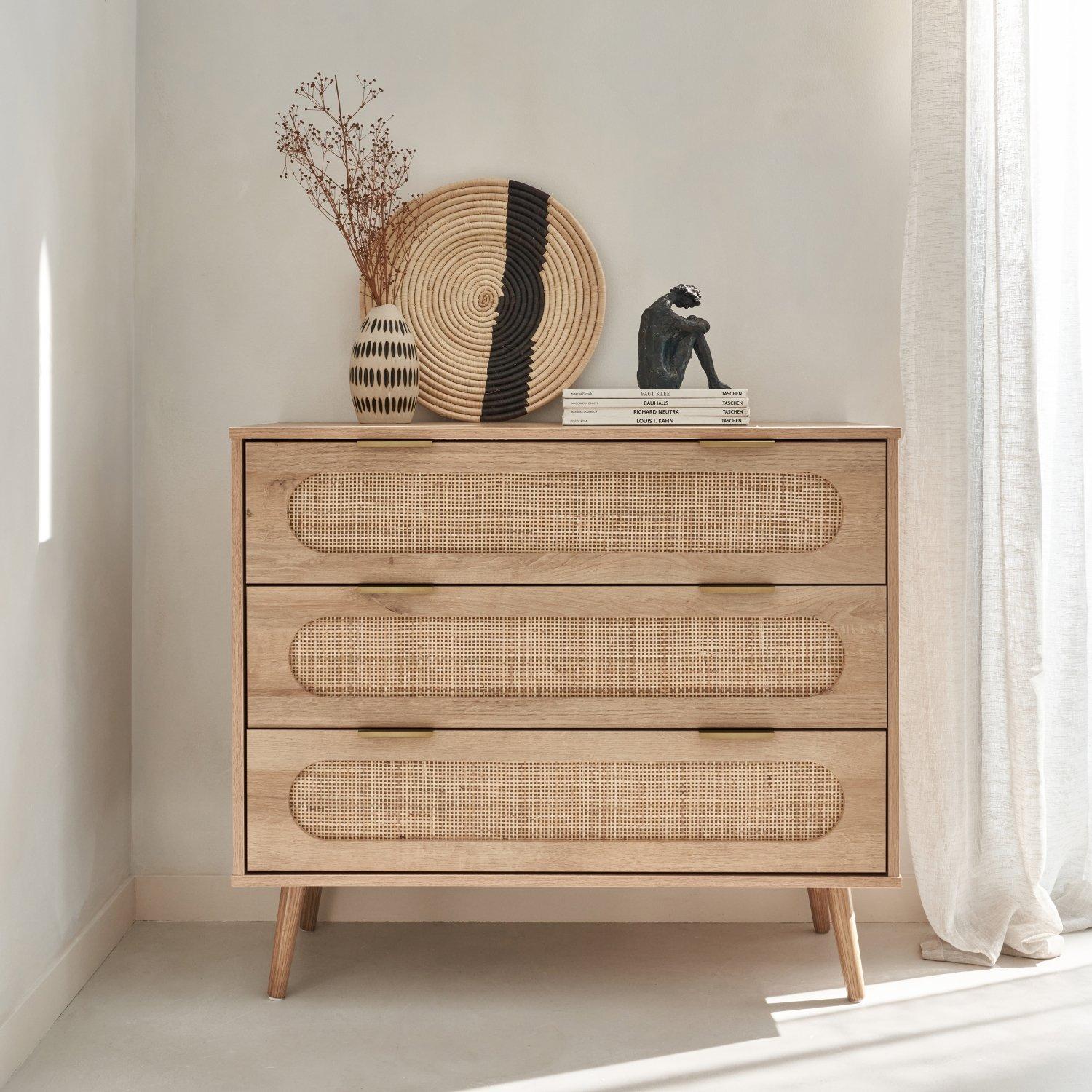 Wood And Rounded Cane Rattan 3-drawer Chest